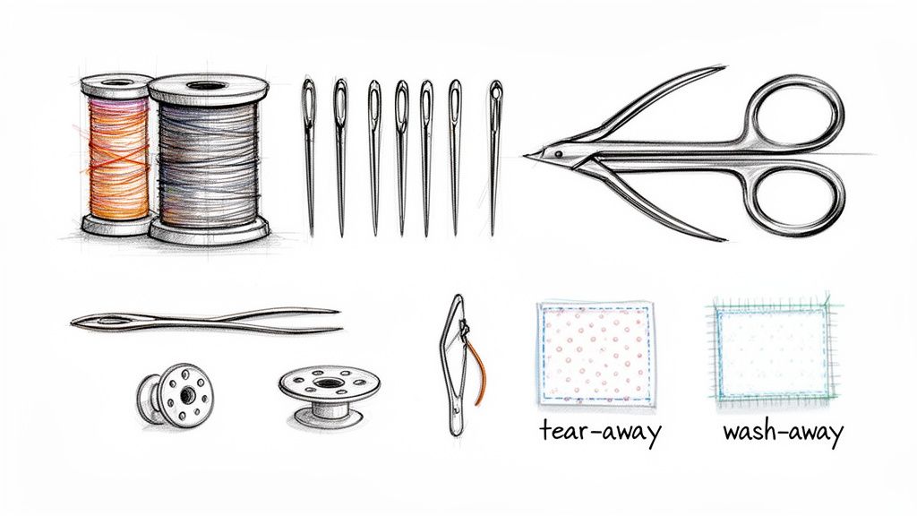 A sketch of various embroidery and sewing tools, including threads, needles, scissors, bobbins, and stabilizers.