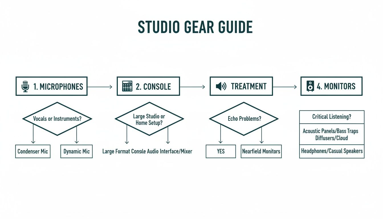 A detailed infographic illustrating a studio setup with labeled equipment like microphones, audio interface, headphones, and computer.