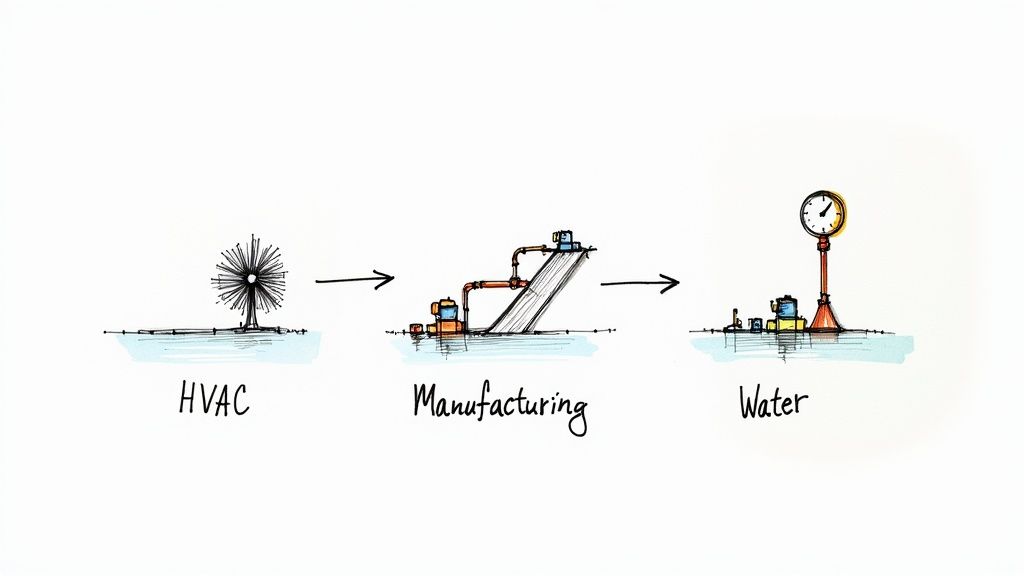 Illustrations depicting HVAC, Manufacturing, and Water industry applications connected by arrows.