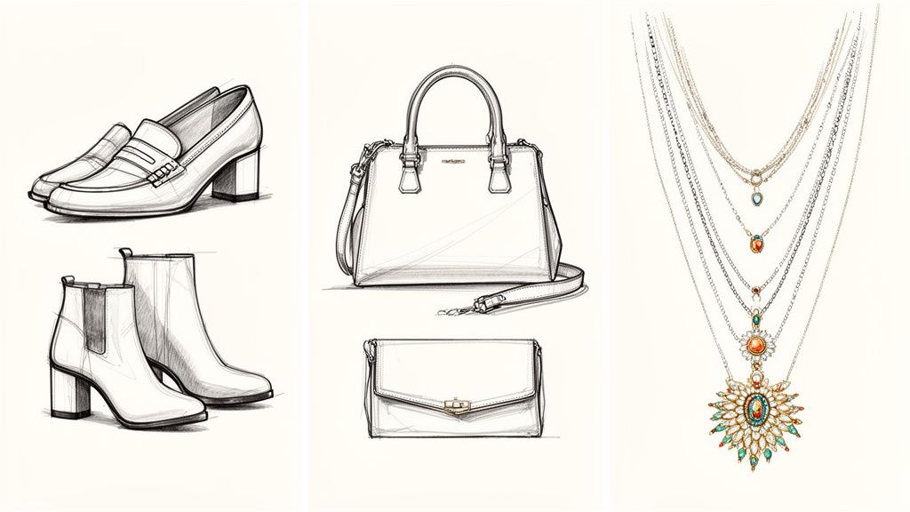Detailed sketches of women's fashion accessories: loafers, boots, handbags, and layered colorful necklaces.