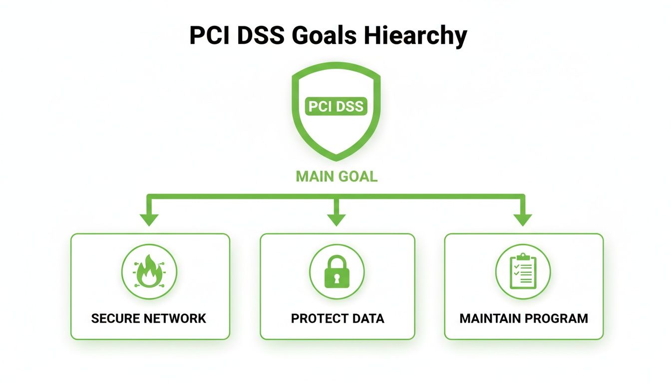 Hierarchy diagram showing PCI DSS main goal and its three supporting goals: secure network, protect data, and maintain program.