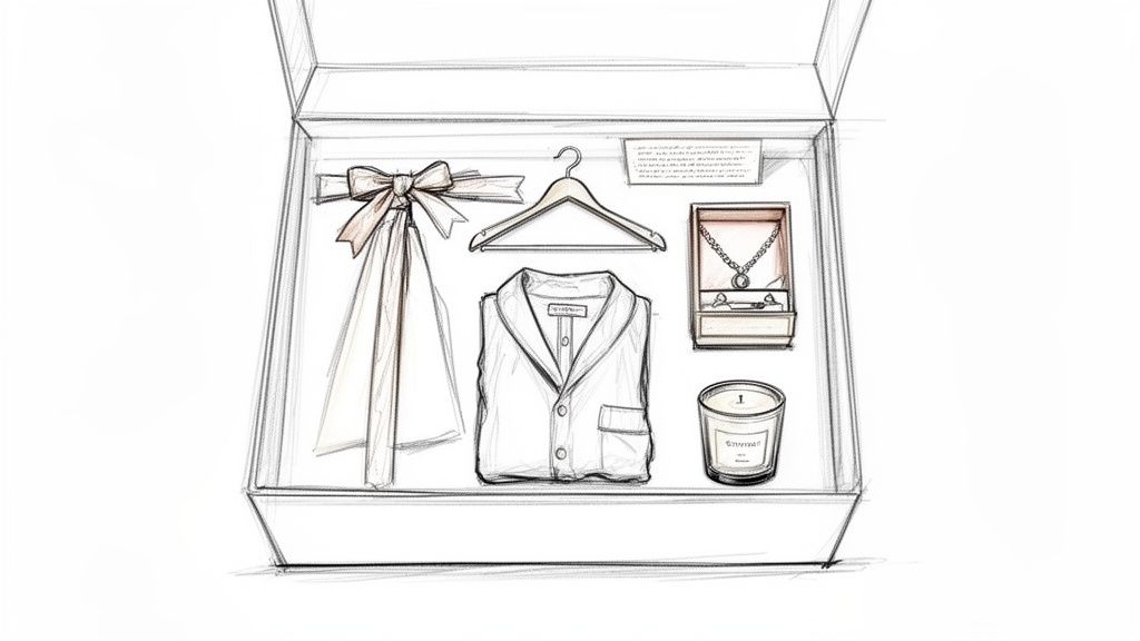 An open gift box reveals elegant items like a bow, hanger, pajamas, jewelry, and a candle.