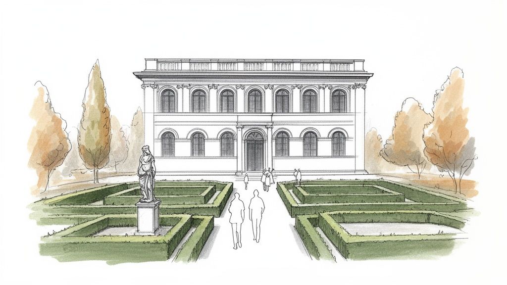 Architectural drawing of a classical building with a symmetrical garden, a statue, trees, and people walking.