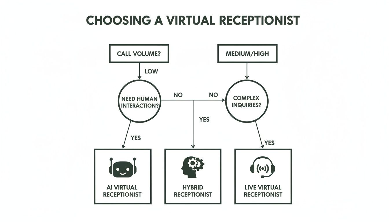 This helpful flowchart assists businesses in choosing a virtual receptionist model—AI, Hybrid, or Live—by evaluating call volume and the complexity of customer inquiries.
