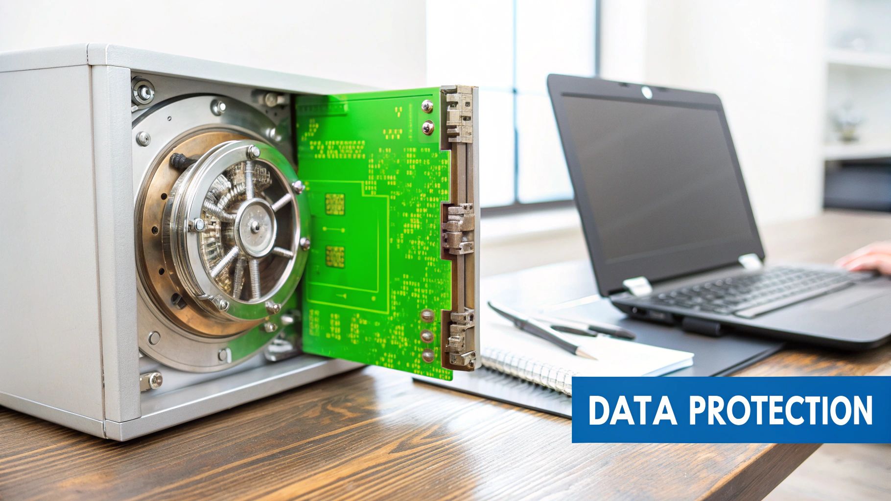 A specialized silver hardware device resembling a vault with a green circuit board next to a laptop on a desk, illustrating data protection.