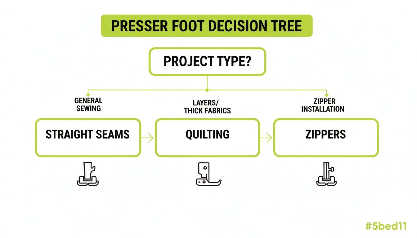 Presser foot decision tree for sewing projects: straight seams, quilting, and zipper installation guide.