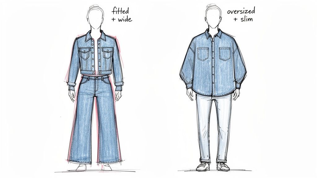 Two fashion illustrations of denim outfits: fitted jacket with wide pants, and oversized shirt with slim pants.