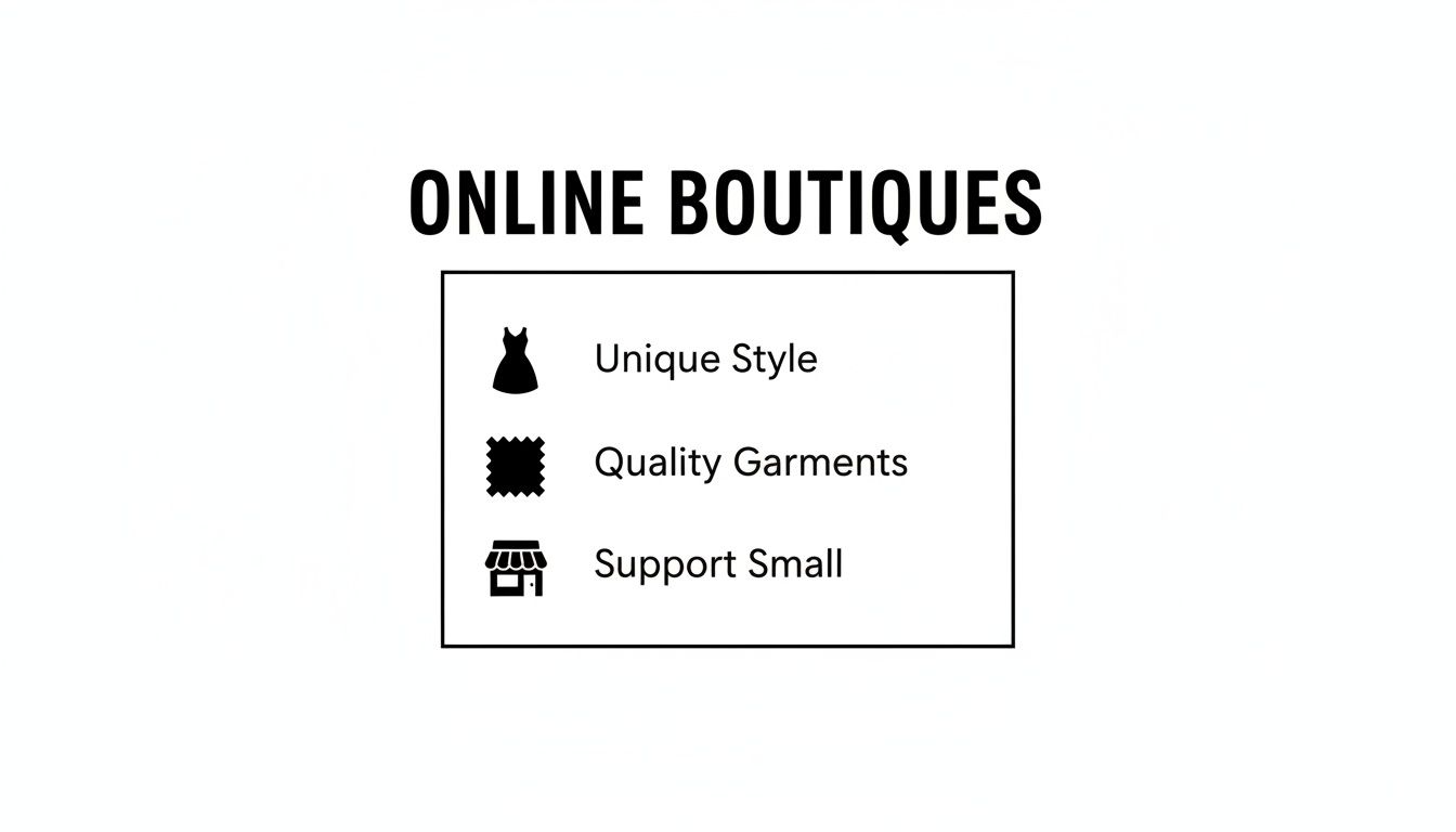 Text reads 'Online Boutiques' with icons for unique style, quality garments, and supporting small businesses.