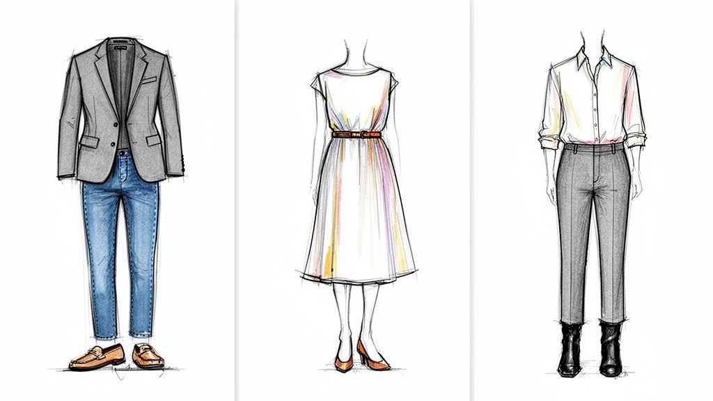 Illustrations of three chic work outfits: men's blazer with jeans, women's belted dress, and shirt with trousers.