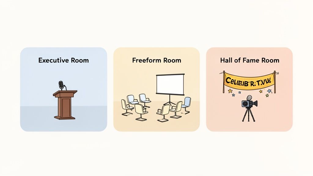 Three distinct meeting room types: an executive podium, a freeform collaboration space, and a celebrity hall of fame room.