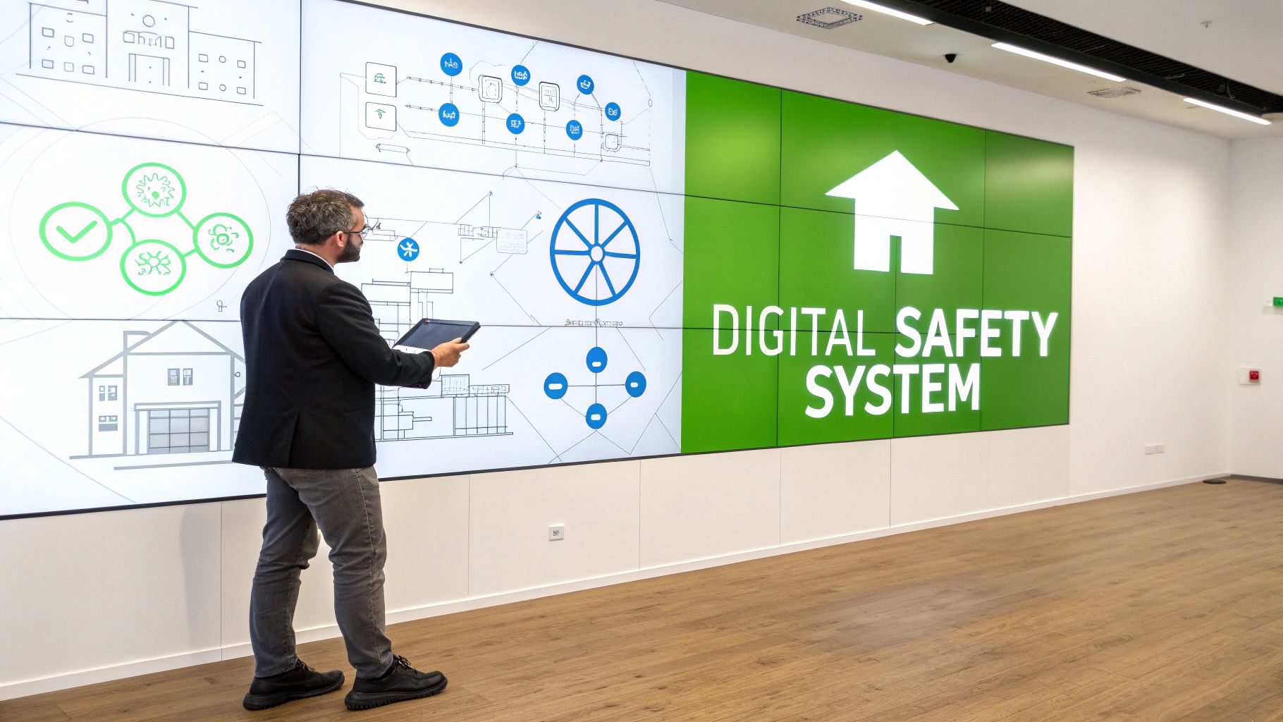 A person at a desk analyzing charts and data on multiple computer screens, representing technology risk management.
