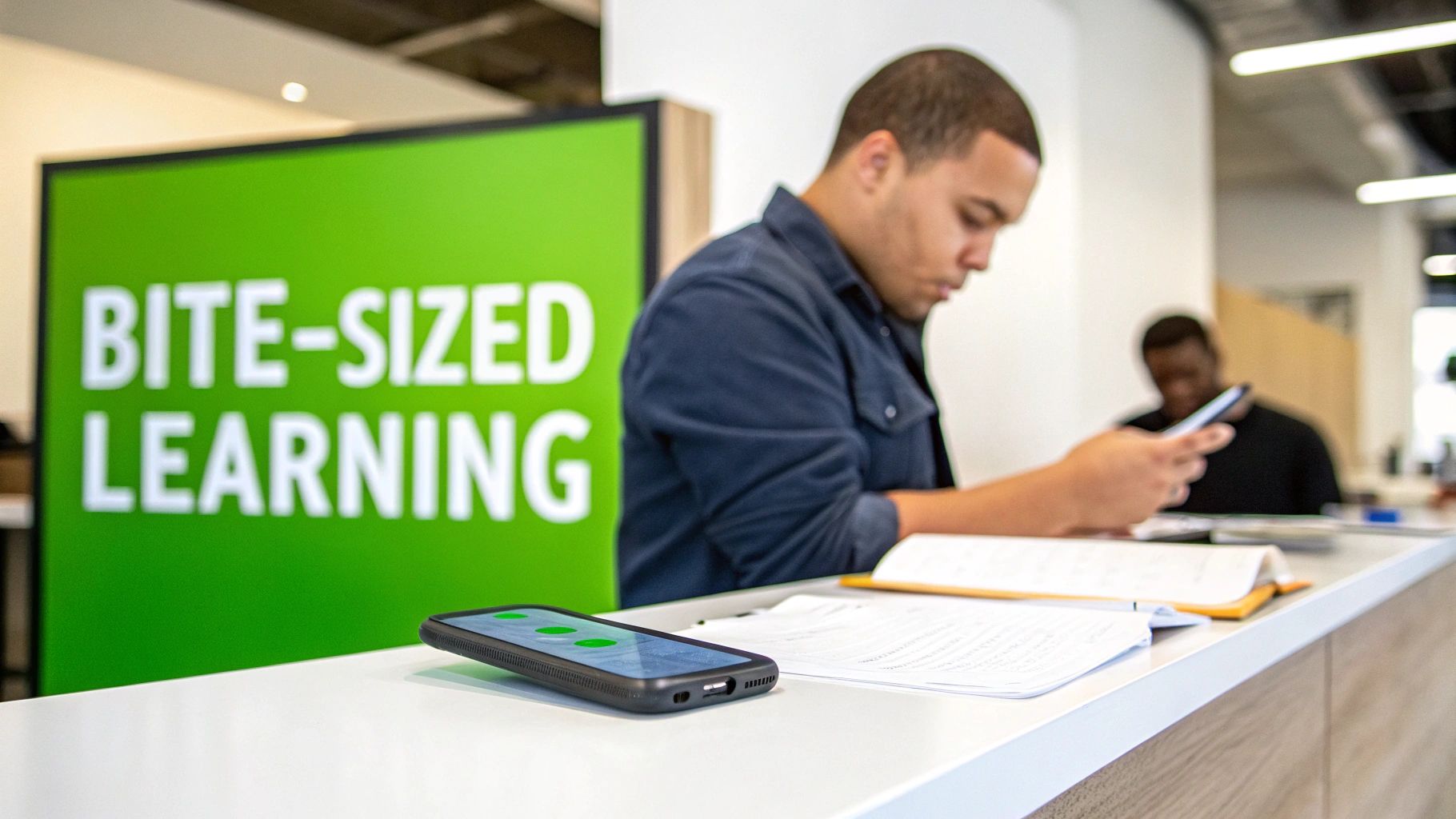 A student uses a phone and studies near a green sign promoting &quot;BITE-SIZED LEARNING.&quot;