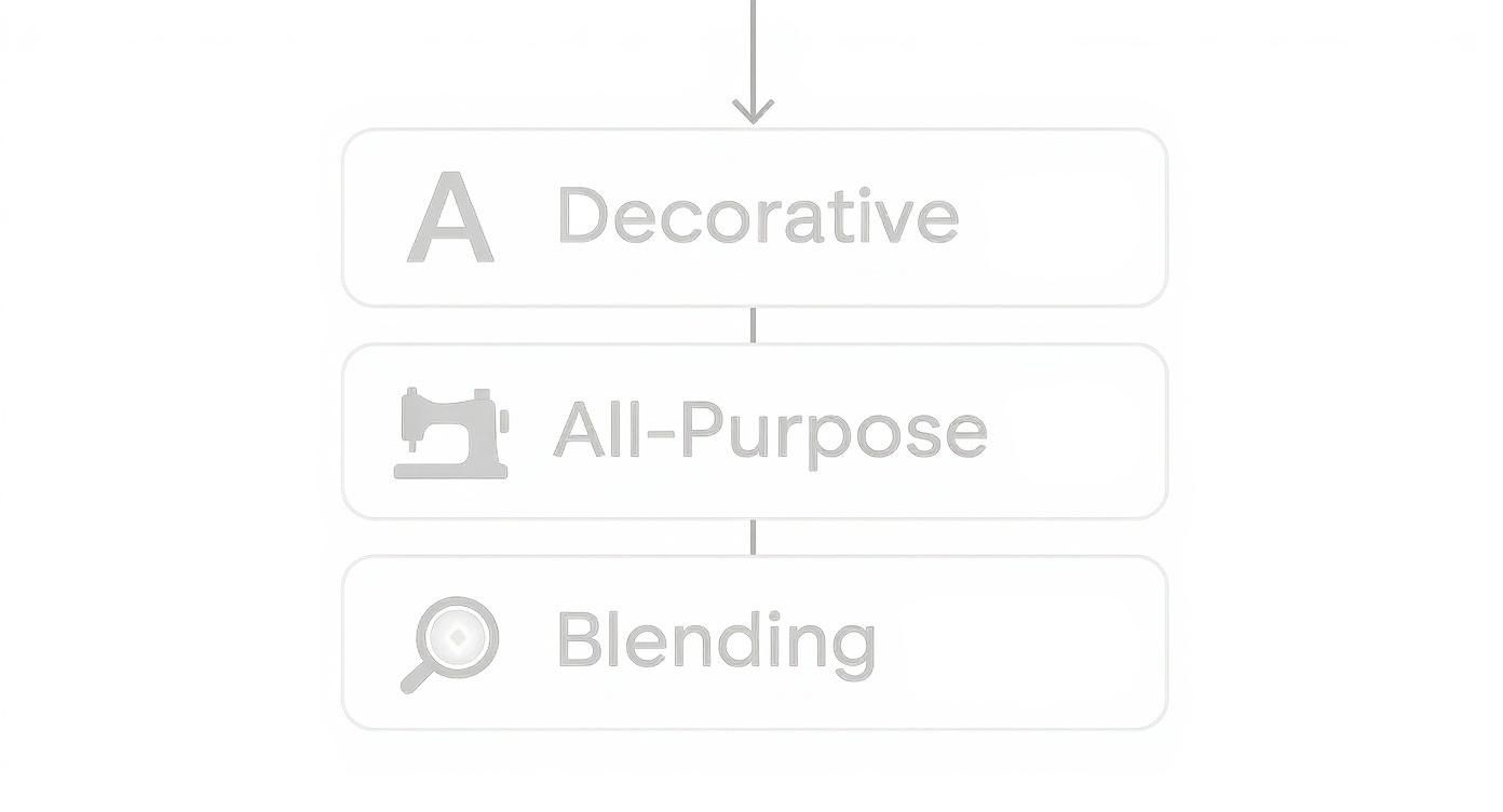 A diagram outlining three categories: Decorative with an 'A' icon, All-Purpose with a sewing machine, and Blending with a magnifying glass.