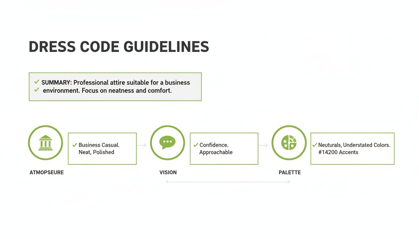 Dress code guidelines infographic illustrating professional attire, emphasizing business casual, confidence, and neutral colors.