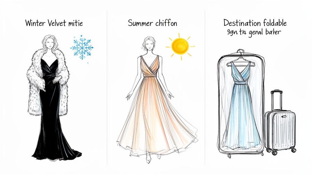 Illustrations of black tie wedding guest dresses: winter velvet, summer chiffon, and a travel gown.