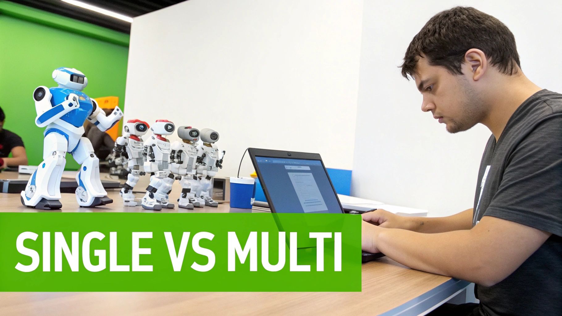 A man works on a laptop, surrounded by multiple robots, illustrating single vs multi-agent systems.