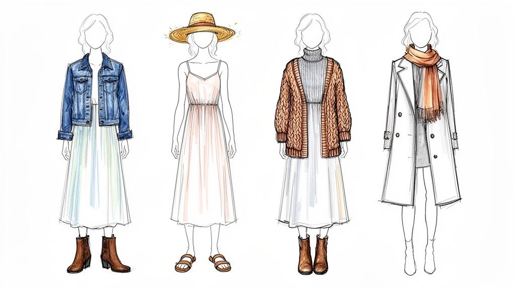 Four fashion illustrations demonstrating different ways to style maxi dresses for various seasons.