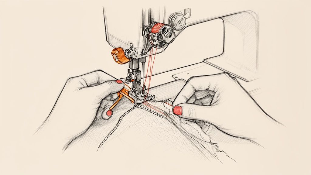 Detailed illustration of hands operating a sewing machine, with red thread and fabric being sewn.