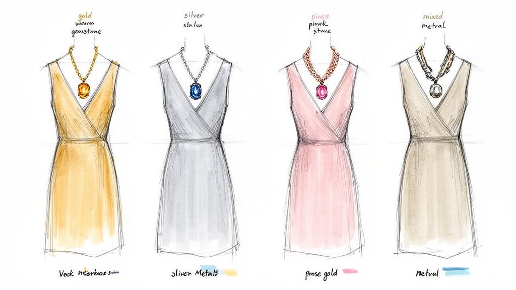 Four illustrations showing different necklace styles paired with V-neck dresses in various metal types.