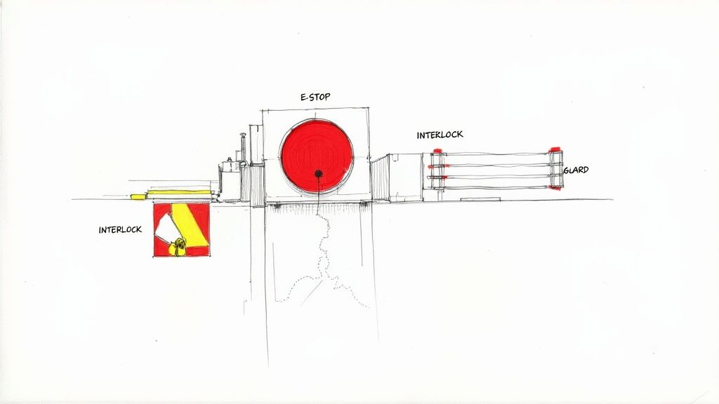 Schematic of industrial safety features showing an emergency stop button, interlocks, and a guard.