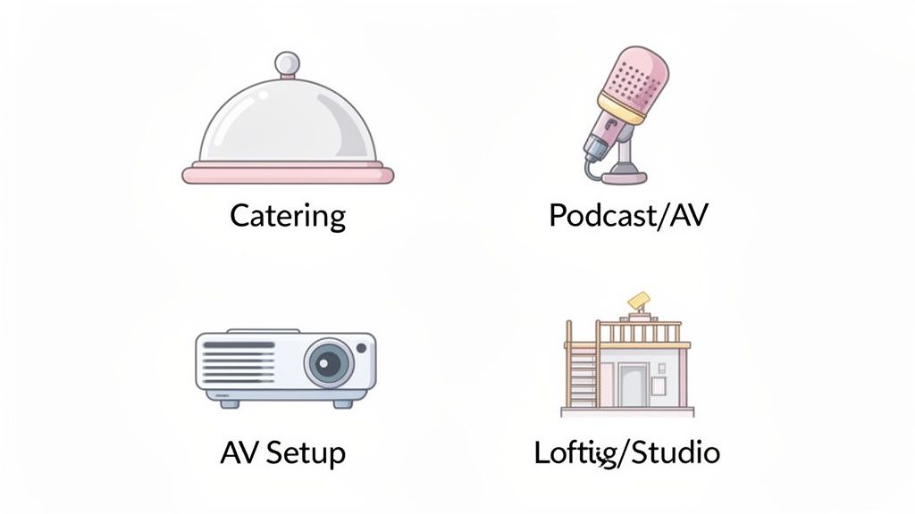 A realistic set of icons on a screen represents available amenities for a conference room, including catering, podcast equipment, AV setup, and studio space.