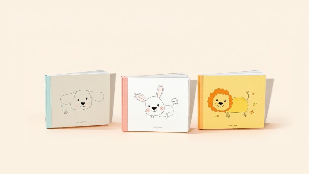 A trio of baby board books featuring adorable animal characters: a dog, rabbit, and lion.