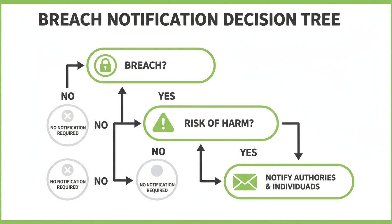 Flowchart showing a data breach notification decision tree based on breach and risk of harm.