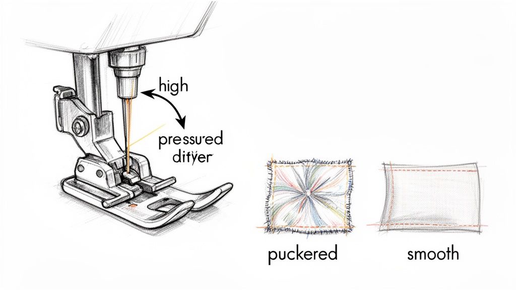 A diagram illustrates sewing machine presser foot pressure affecting fabric, showing puckered versus smooth results.