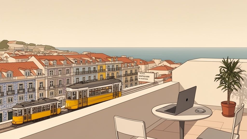 A balcony with a laptop overlooking a cityscape with yellow trams and the ocean.