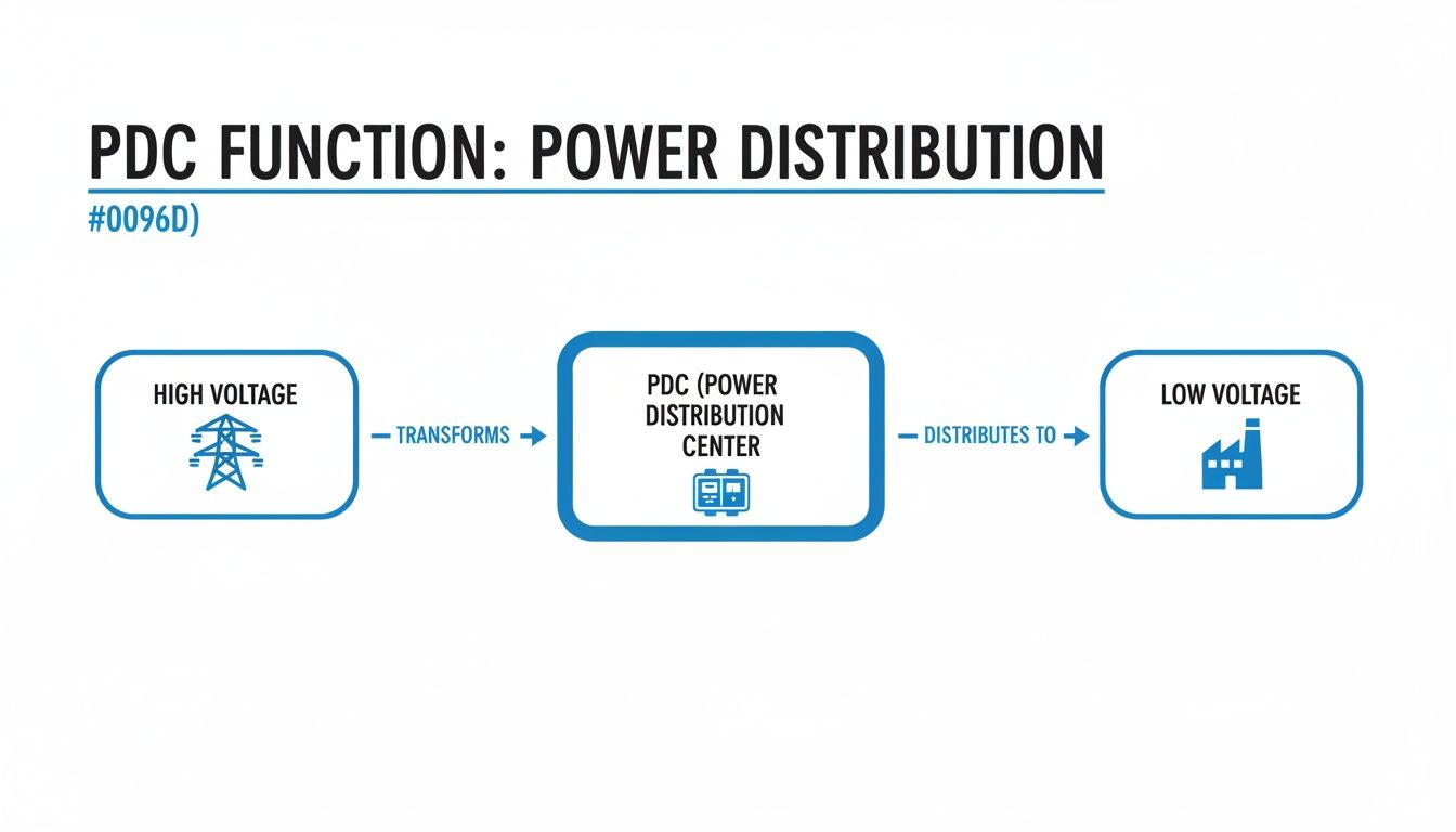 A diagram illustrates a Power Distribution Center transforming high voltage to low voltage for distribution.