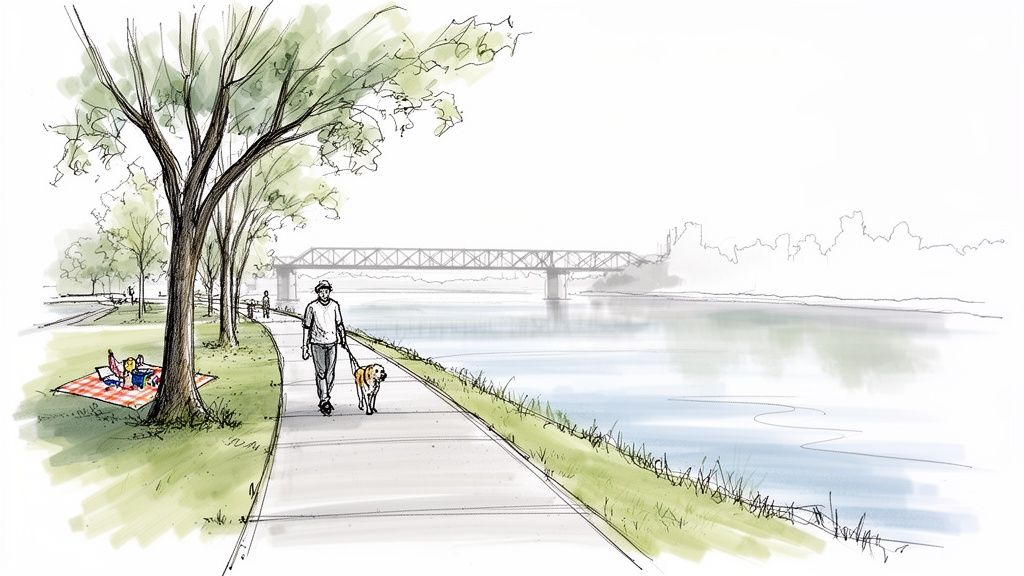 Watercolor sketch of a vibrant riverside park with a person walking a dog, picnic, and bridge.