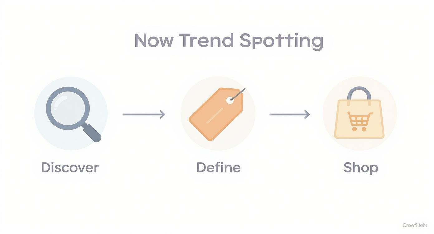 Now Trend Spotting process showing three steps: discover with magnifying glass, define with tag, shop with shopping bag