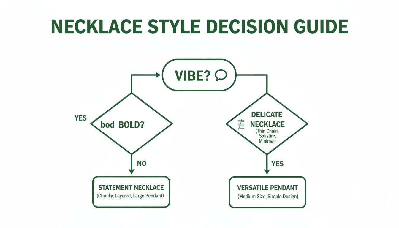 A green and white flowchart titled 'Necklace Style Decision Guide' helps choose between statement and versatile necklaces.