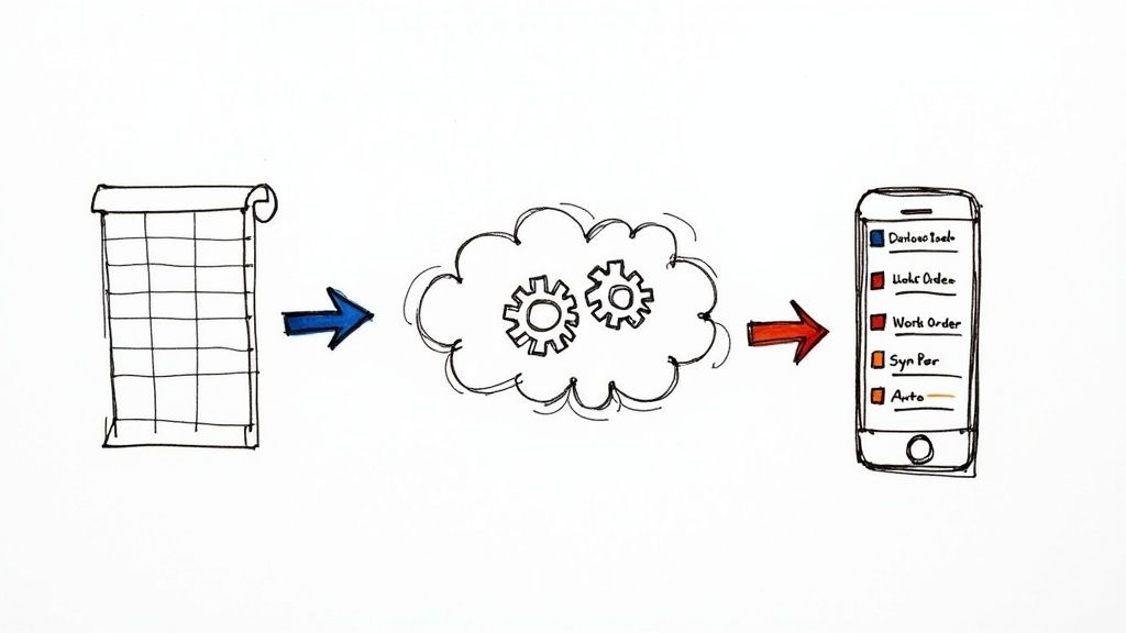 A schedule flows through cloud processing, then synchronizes work orders to a mobile device.