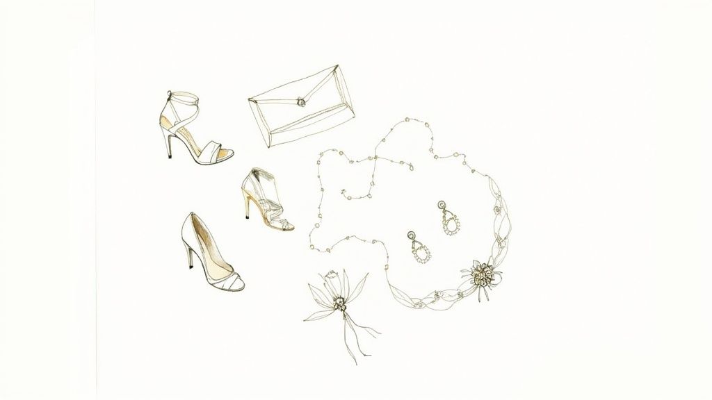 Illustration of prom accessories including white high heels, a clutch, a pearl necklace, and earrings.