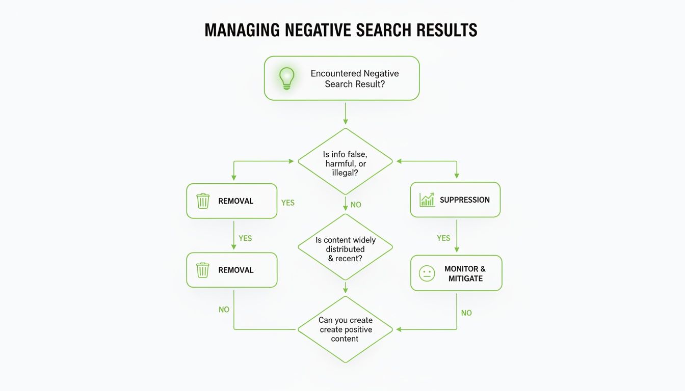 Flowchart detailing the process for managing negative search results, including removal, suppression, and content creation.