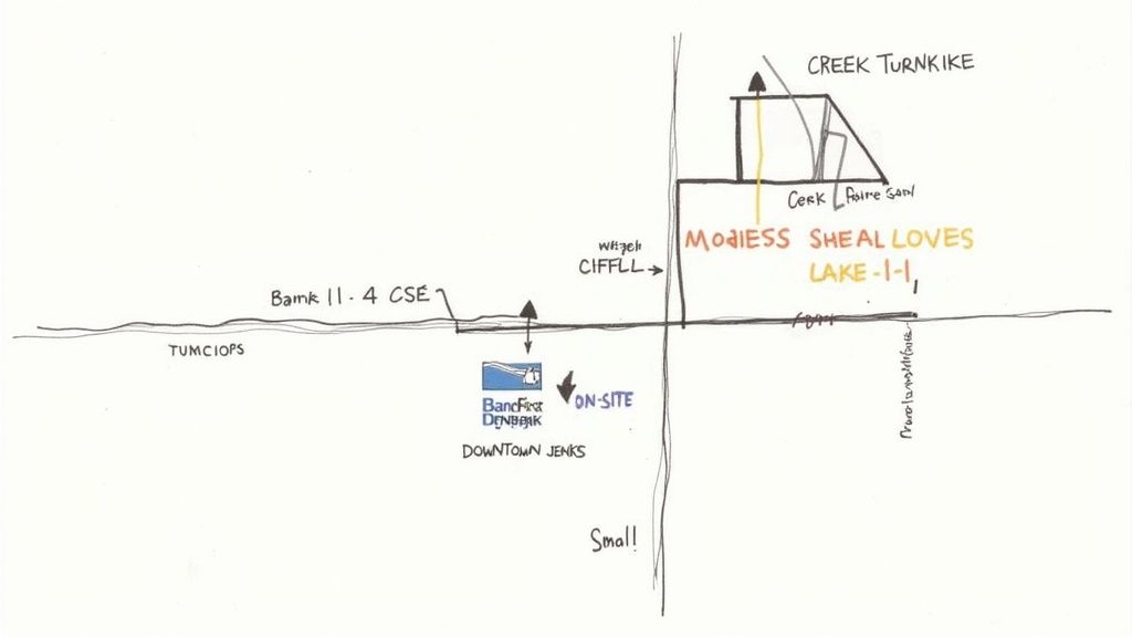 Hand-drawn conceptual map showing Creek Turnpike, BancFirst in Downtown Jenks, and other locations.