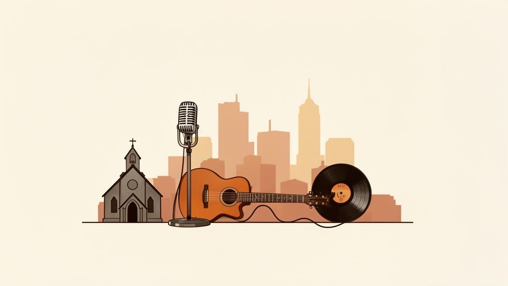 A photo of The Church Studio's exterior, a historic stone building with a large arched window.