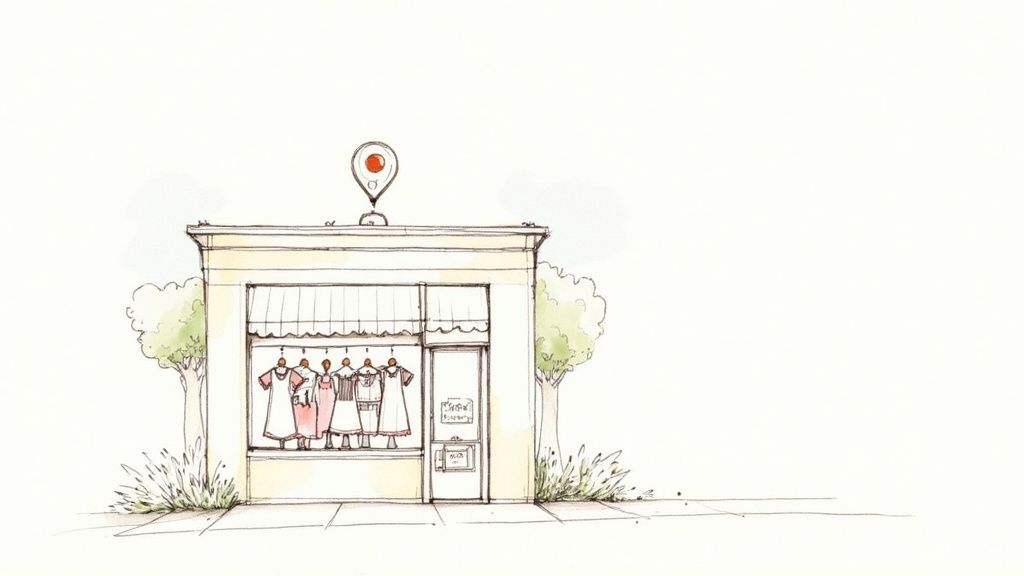 A charming illustration of a clothing boutique with a map pin icon above, featuring dresses in the window.