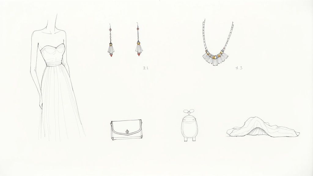Fashion sketches on white: a strapless dress, matching earrings, necklace, clutch, and other accessories.