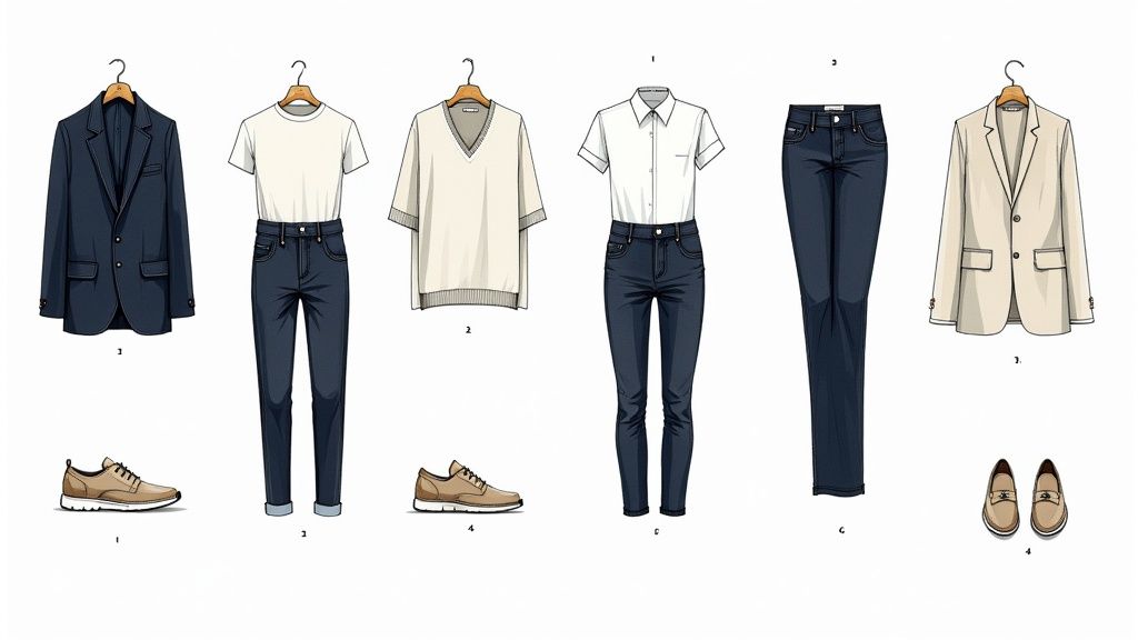 Six distinct smart casual outfit combinations with blazers, shirts, t-shirts, jeans, and shoes displayed.