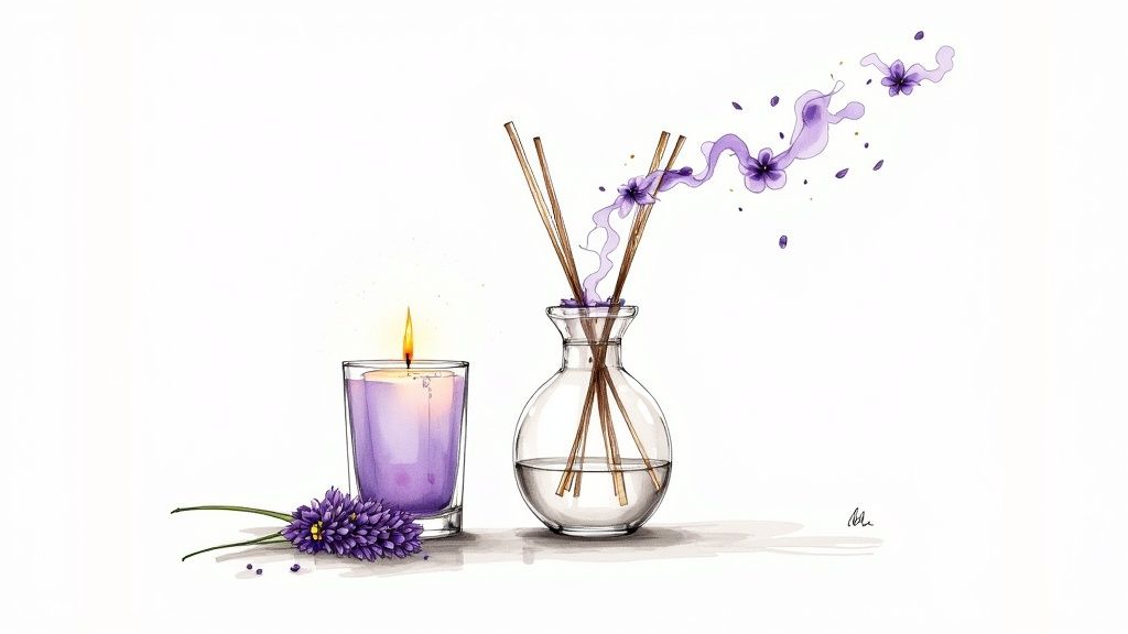 A luxury candle and diffuser on a tray, creating a serene home atmosphere.