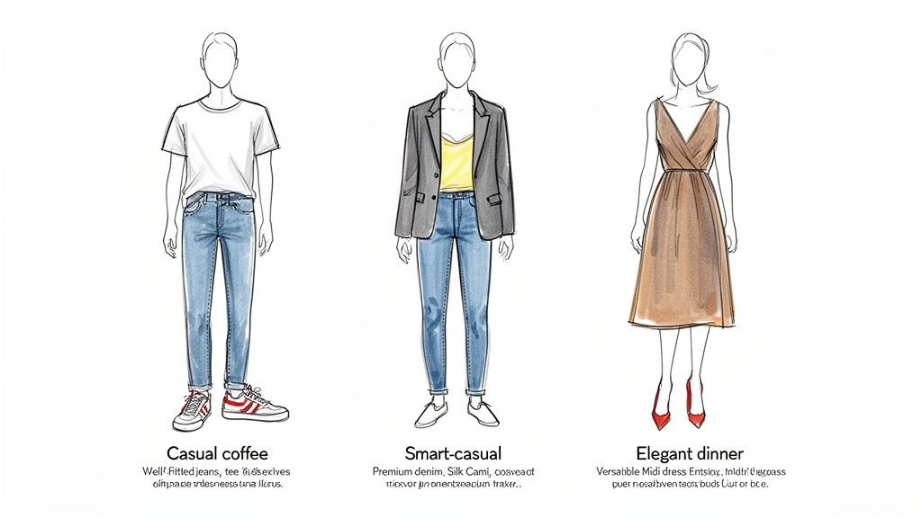 Three fashion illustrations showcasing casual, smart-casual, and elegant dinner outfits for different occasions.