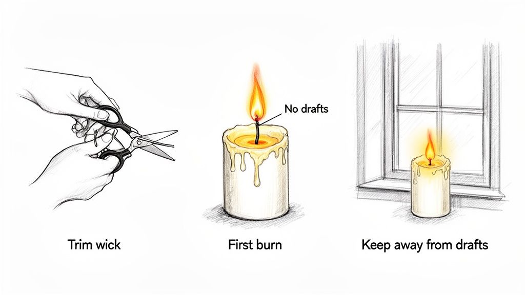 Illustrations demonstrating proper candle care: trimming the wick, performing a good first burn, and avoiding drafts.