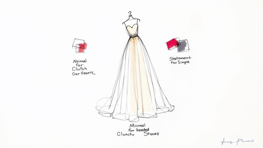 Fashion sketch of a strapless gown with color swatches and styling notes for clutches and shoes.