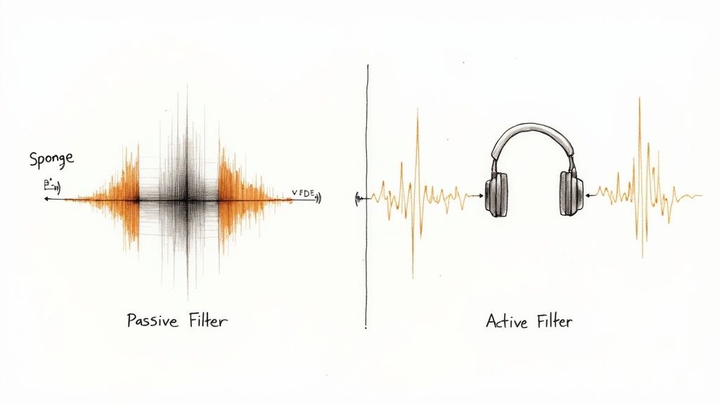 Diagram illustrating passive (sponge) and active (headphones) filters, showing sound wave reduction.