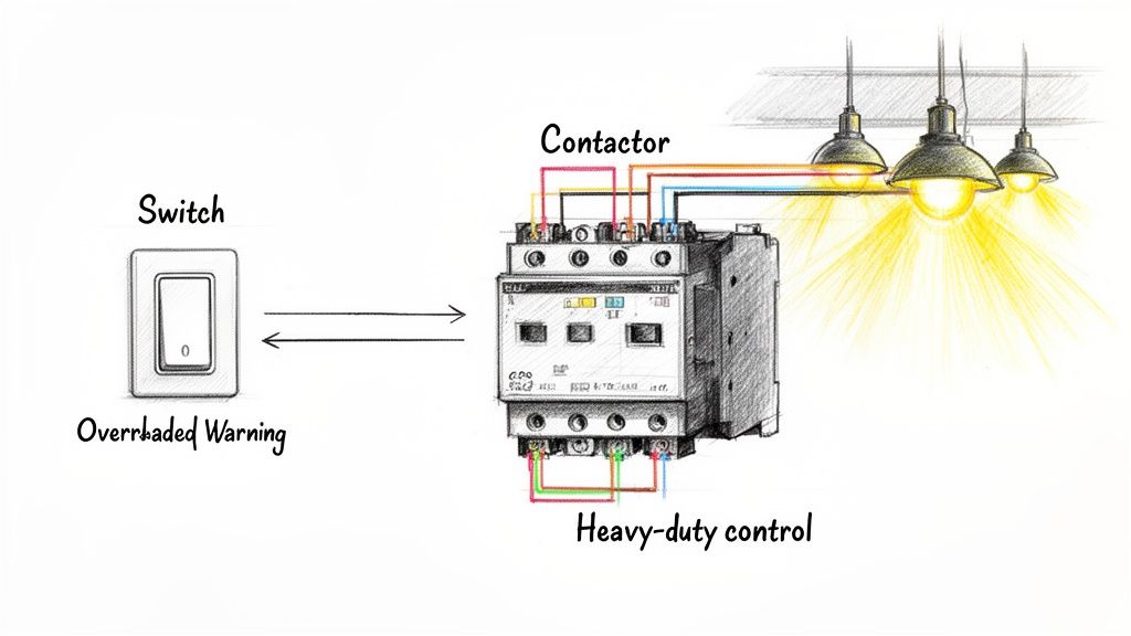 Diagram illustrating a light switch controlling a contactor to power a set of three lights.