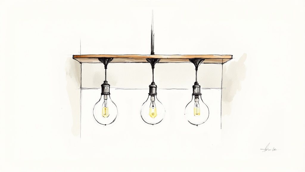 A watercolor sketch of an industrial-style light fixture featuring three exposed Edison bulbs on a wooden beam.