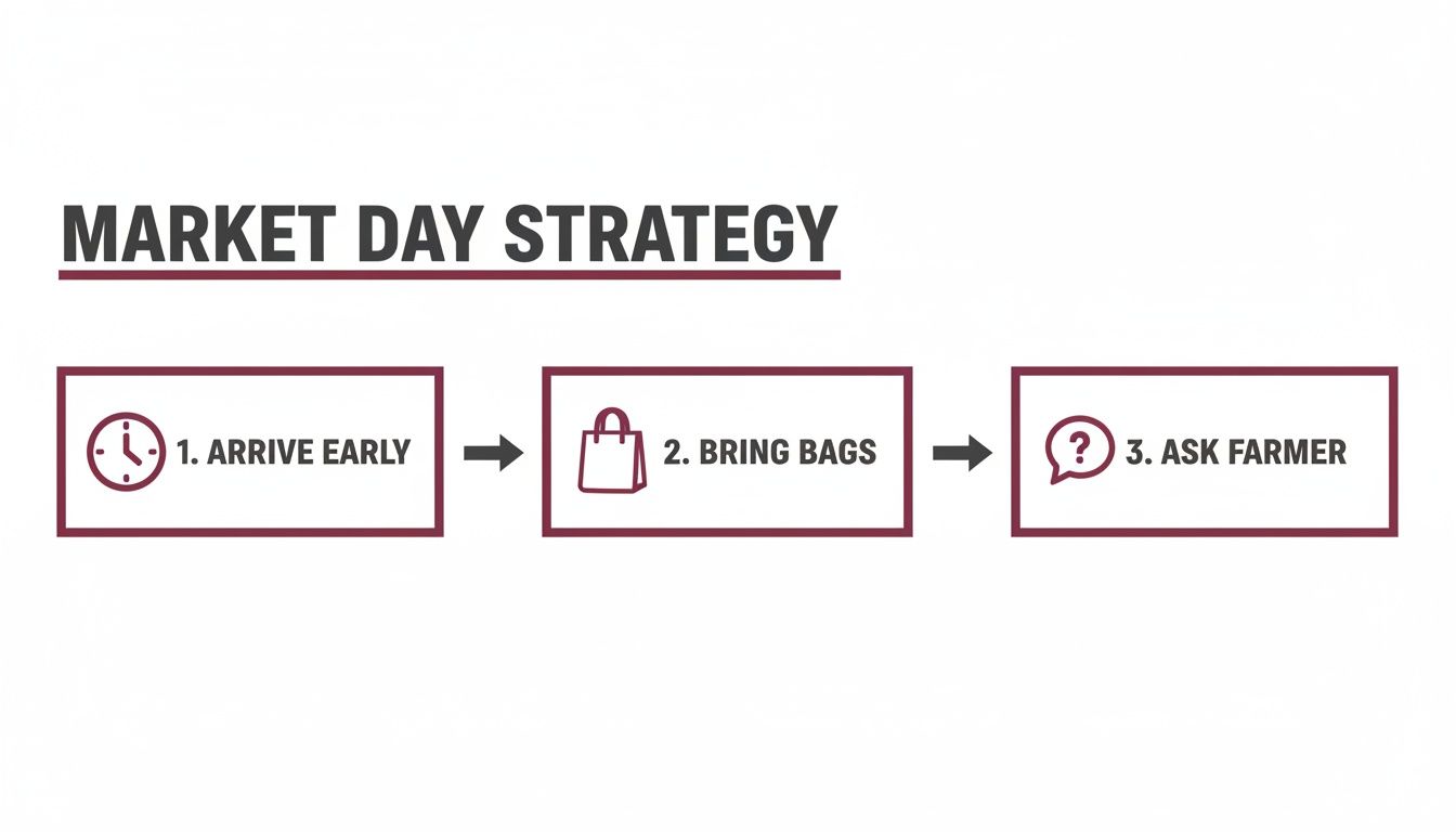 A visual market day strategy outlining three steps: arrive early, bring bags, and ask the farmer.