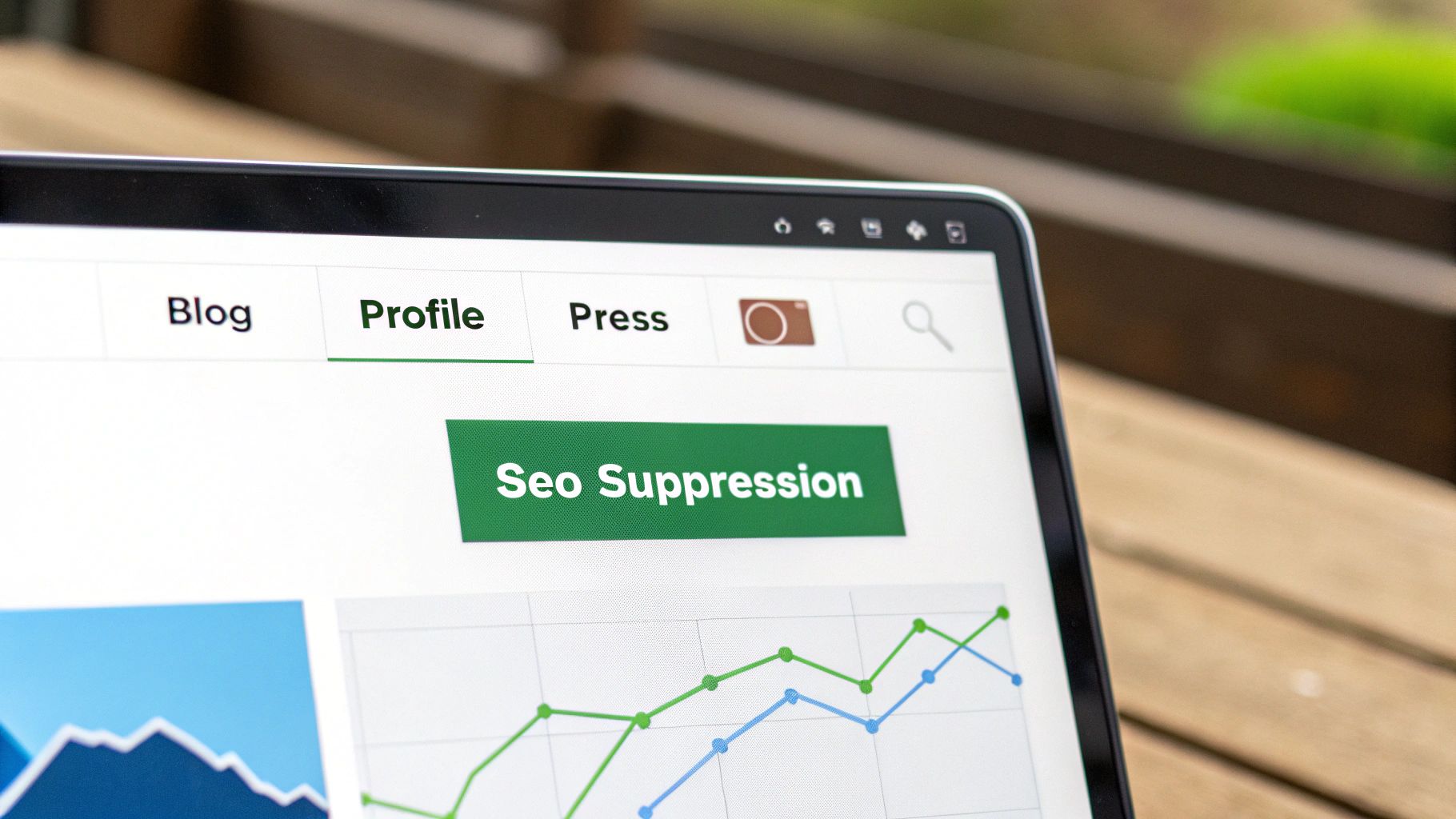 Close-up of a laptop screen displaying a website with 'Profile' tab, 'Seo Suppression' button, and data graphs.